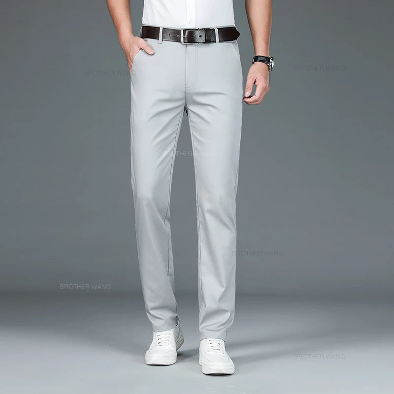 Bamboo Fiber Fabric Men's Casual Pants Summer New Ultra-thin Elastic Soft Straight Business Trousers Classic Black Khaki Gray.