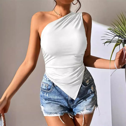 Sexy One Shoulder Ruched Asymmetrical Hem Top Women Summer Casual Solid Color Pleated Sleeveless Tee Top Streetwear Y2K.