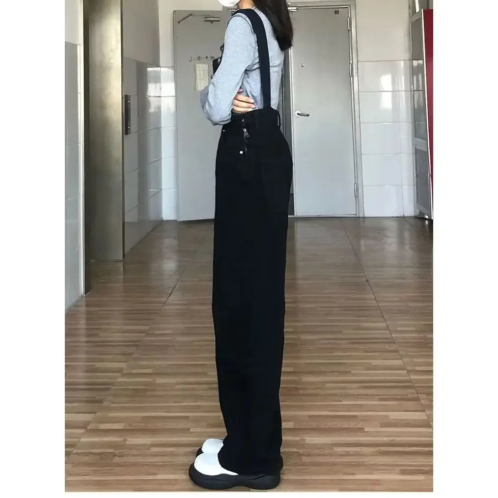 High Waist Wide Leg Jumpsuit Jeans Thin Strap Pants Korean Style Winter New Women's Loose Fit Trousers by None( AE Stock).