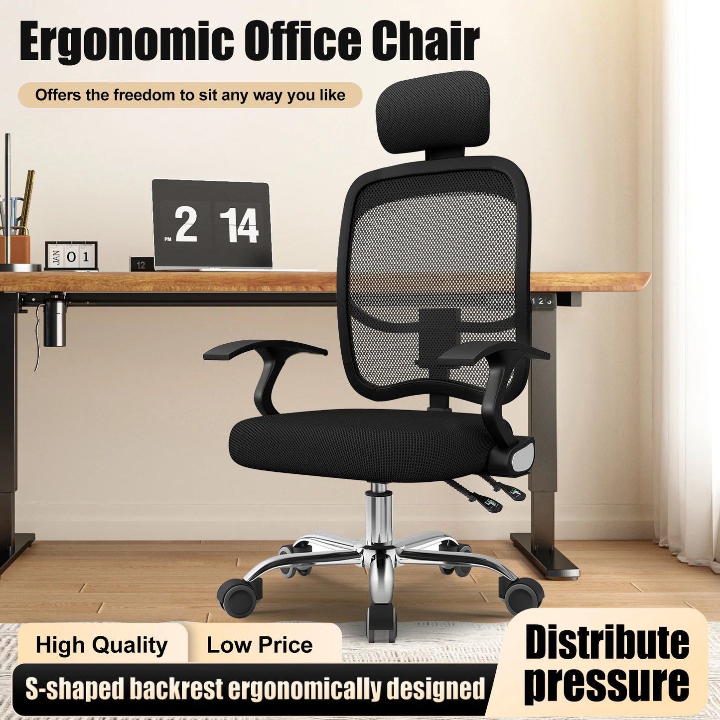 Daccormax Ergonomischer Bürostuhl, Mehrpunktstütze, verstellbare, atmungsaktive Netzrückenlehne, drehbarer Computer-Schreibtischstuhl mit Kopfstütze