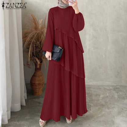 2025 ZANZEA Fashion Women Autumn Long Sleeve Maxi Sundress Muslim Abaya Dresses Duabi Robe Femme IsIamic Clothing Hijab Vestidos.