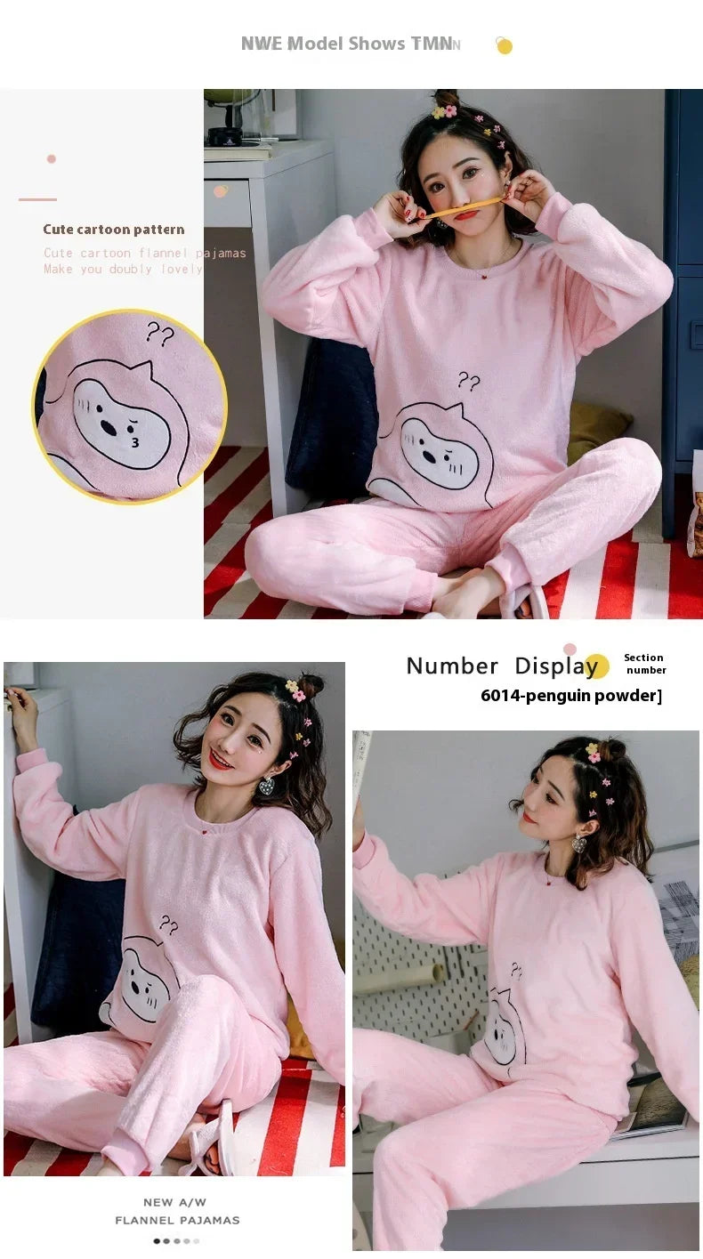 Thickened Warm Sleepwear for Winter Flannel O-Neck Girl Loungewear 2PCS Set Ladies Pajamas Long Sleeves Cartoon Bear Loungewear.