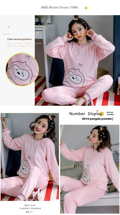 Thickened Warm Sleepwear for Winter Flannel O-Neck Girl Loungewear 2PCS Set Ladies Pajamas Long Sleeves Cartoon Bear Loungewear.