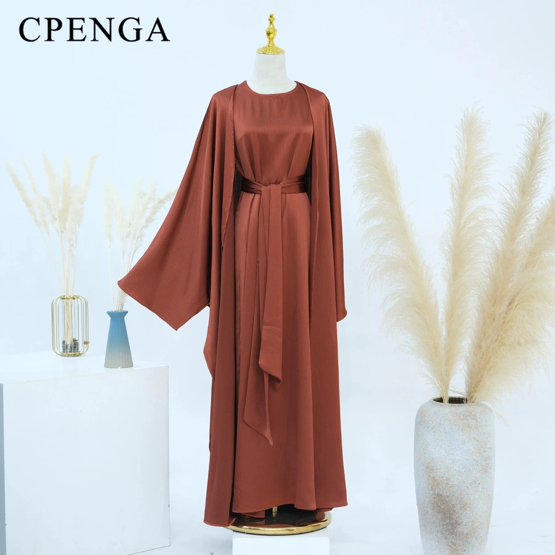 Two Piece Arabic Outfit Set for Muslim Women Elegant Modest Abaya Dress with Inner Ramadan Islamic Coat New Turkish Kaftan Robe.