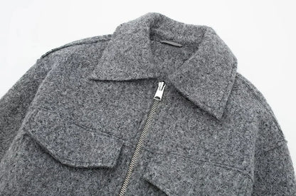 TRZA Frauen Mode Patch Taschen Mit Klappen Abgeschnitten Jacke Mantel Vintage Langarm Front Zipper Weibliche Oberbekleidung Chic Tops.