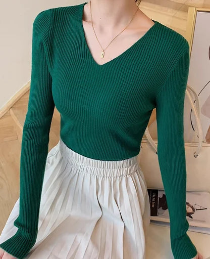 2026 herbst Winter Frauen Solide Rippen Stricken V-ausschnitt Streifen Pull Pullover Femme Y2k Langarm Pullover Jersey Tops Mode Kleidung