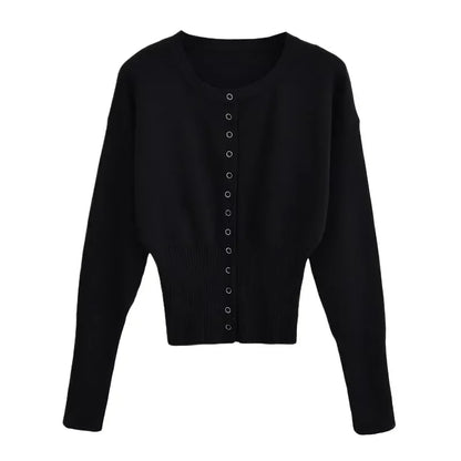 Women's High Waist Round Neck Single Breasted Cardigan Solid Long Sleeve Short Sweater Top Autumn Slim Bottoming Shirt