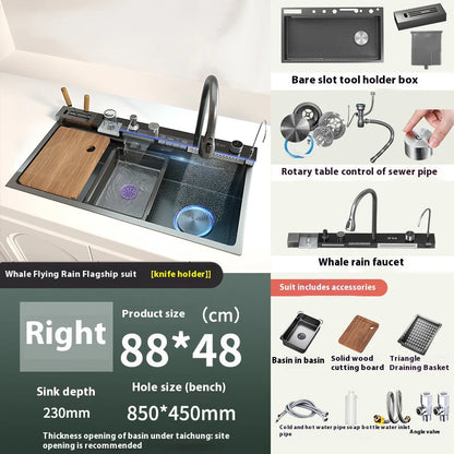 Stainless Steel Waterfall Kitchen Sink New Embossed Extra Large Single Slot Modern Digital Display Dishwashing Basin