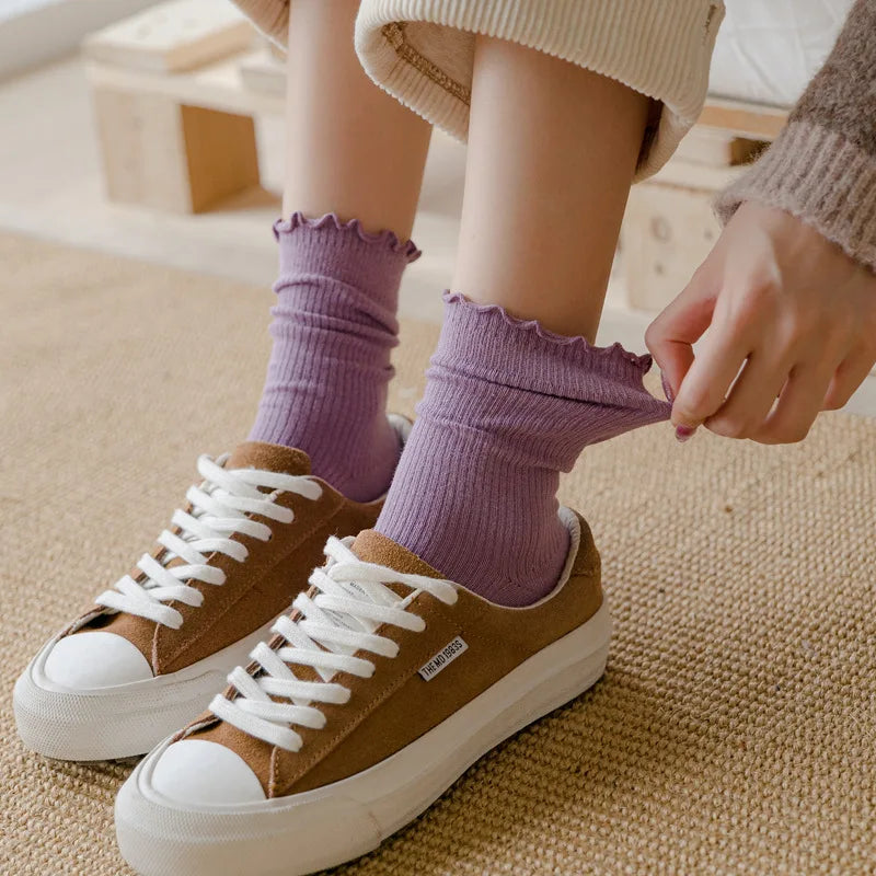 5 Pairs of Women's Solid Color Cotton Socks Japanese Style Ruffle Stacked Socks Cute Laciness Women's Long Socks.