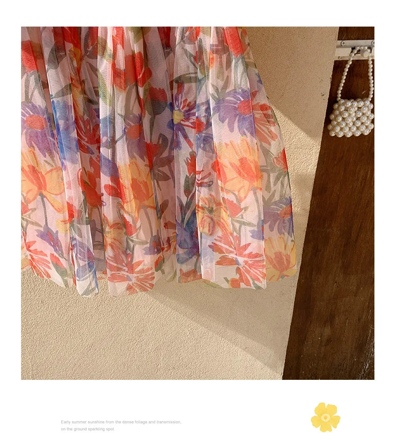 2023 sommer Kinder Kleidung Puff Sleeve Blumen Druck Kleid Für Mädchen Mesh Kinder Kleid für Mädchen.