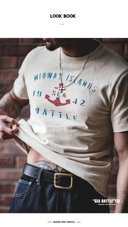 Maden Vintage Letter Print Cotton Short Sleeve T-Shirt Men's Summer Loose Fit Ribbed Crew Neck Tee Casual Street Tops for Daily.