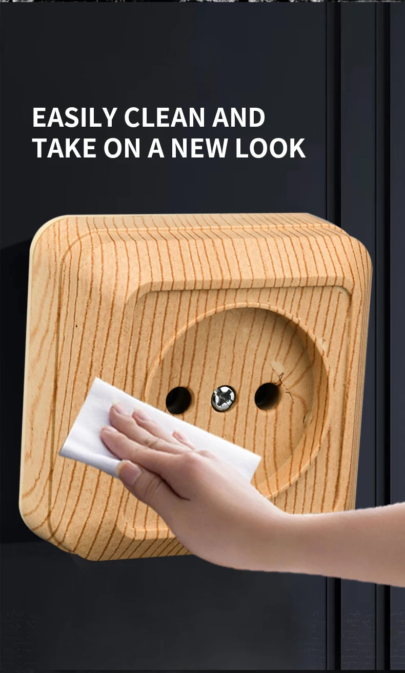 WESA Holz-Wandsteckdose, EU-Standard, Steckdose, Vintage-Imitation, Holzfarbe, Steckdose, flammhemmender Kunststoff.