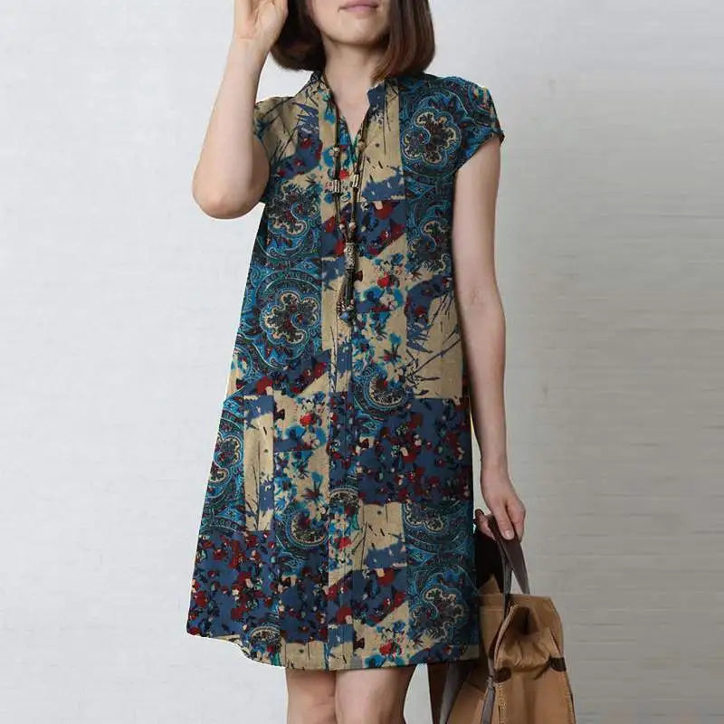Zanzea Vintage Sommerkleid Sommer knielanges Kleid Frauen Kurzarm lässig Urlaub Kleider Bohemian Blumen gedruckt Vestidos Robe.