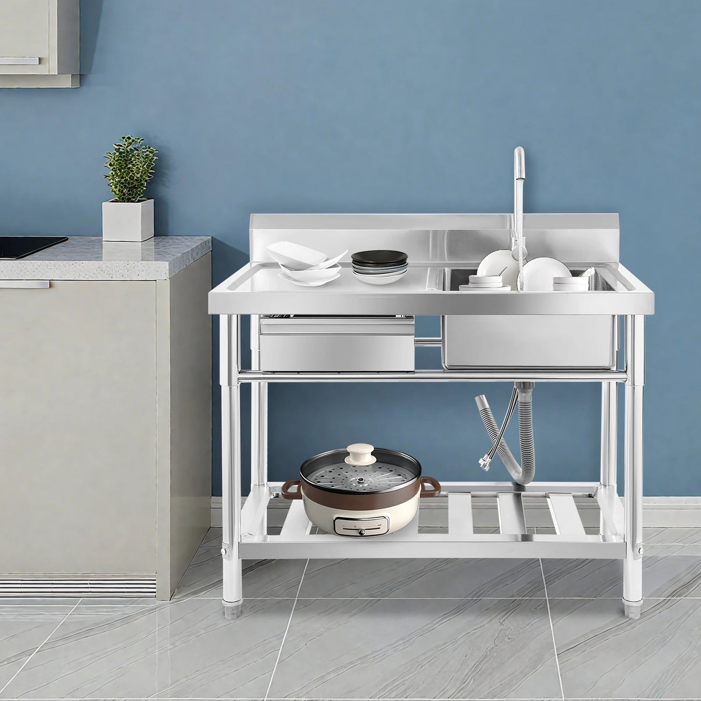 Verdicktes Edelstahl-Spülbecken mit Wasserhahn und Schublade, 150 kg Tragkraft 100 x 60 x 80 cm, für Küche, Restaurant, Wäsche, Garage