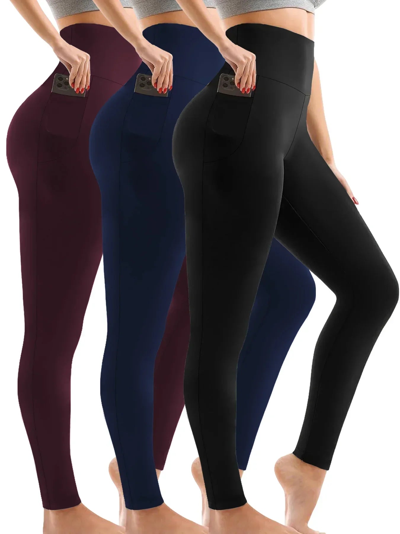 3 Pack Super Soft Leggings with Pockets for Women, High Waisted Tummy Control Workout Yoga Running Pants Leggings.