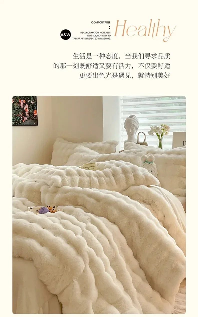 4pcs Grey Rabbit Fur Bedding Set Thick Milk Plush Winter Duvet Cover Warm Bed Sheets, Queen Size Four Piece Set  Bedroom Decor.