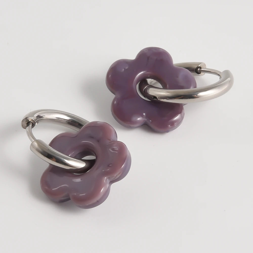 Colorful Flower Glass Drop Charms Earring Gold Color Circle Ear Buckle Hoops Stainless Steel Earrings Fashion Jewelry for Women