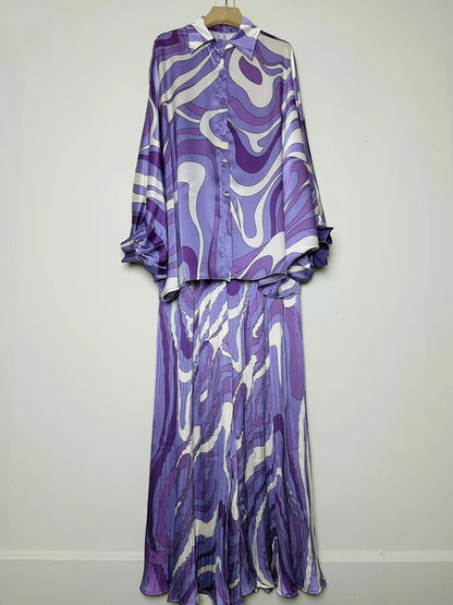 Designer's retro geometric print loose shirt two-piece set for Spring 2025 women's wear + pleated wide-leg pants fashion set.