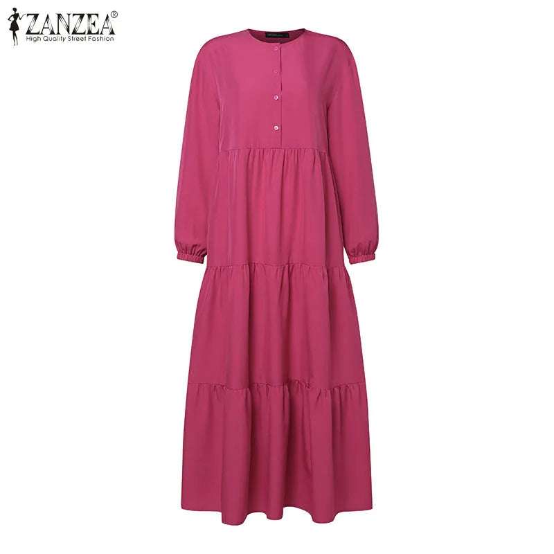 ZANZEA O Neck Casual Loose Maxi Dress Tiered Islamic Hijab Women Long Sleeve Long Vestidos Muslim Fashion Autumn Abaya Robes.
