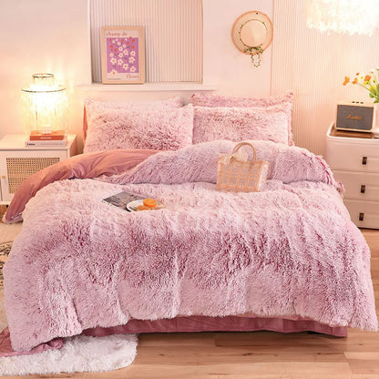 3Pcs Super Shaggy Coral Fleece Warm Cozy Princess Bedding Set Mink Velvet Duvet Cover Set Bed Comforter Cover Blanket Pillowcase