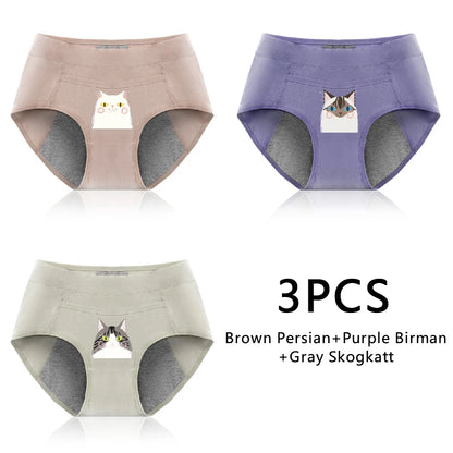 3PCS Cotton Menstrual Panties Leak Proof Breathable Cartoon cat Panties Woman Women Girls Physiological Pants Women's Intimates