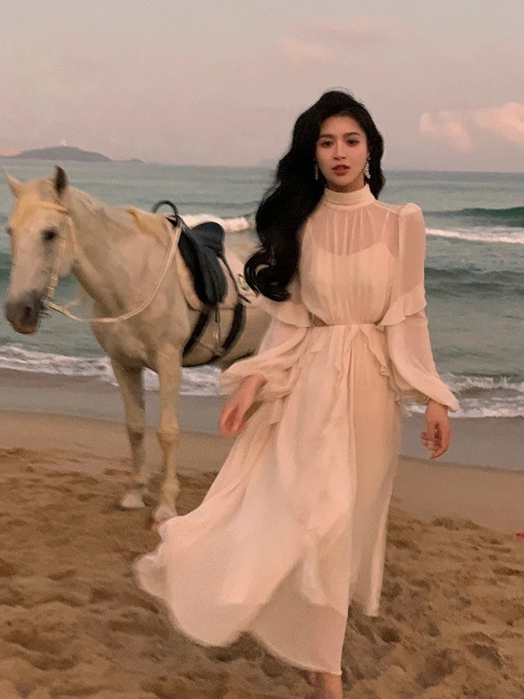 Strand Stil Chiffon Y2k Mini Kleid Büro Dame Casual Langarm Elegante Einteilige Kleid Koreanische Mode Kleidung Sommer 2023