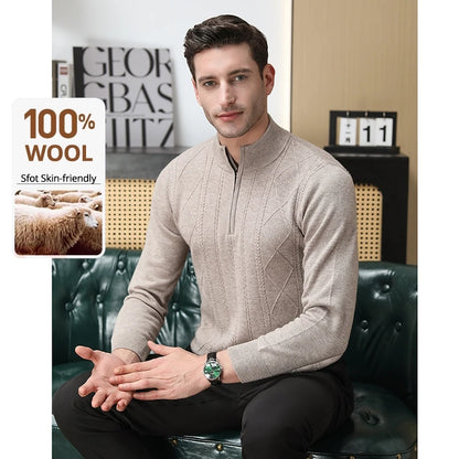 High End 100% Australia Wool Cashmere New Autum Winter Fashion Brand Casual Zip Up Men Pullover Knit Half Turtleneck Sweater.