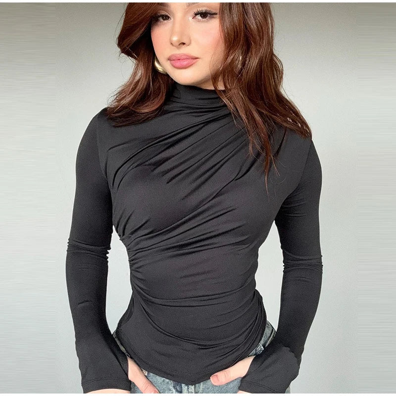 Turtleneck Women Tees Sexy Slim Long Sleeve Pleated All-match Basic Lady T-shirts Spring Autumn Fashion Chic Female Top 2025