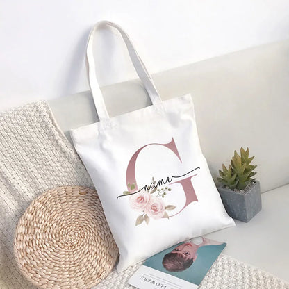 Custom Name White Canvas Tote Bag Large Capacity Foldable Supermarket Shopping Bag for Women Shopper Personalized Handbags