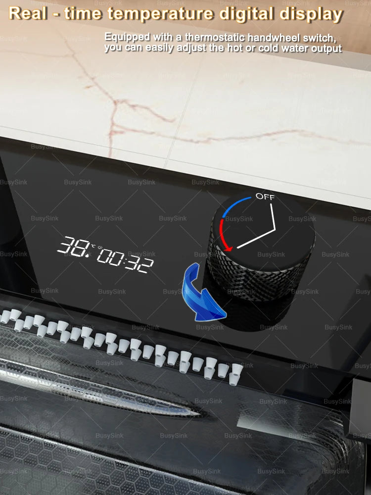 Stainless Steel Kitchen Sink Waterfall Wash Vegetables Basin Intelligent Digital Display Faucet Dish Wash Bowl Large Single Slot