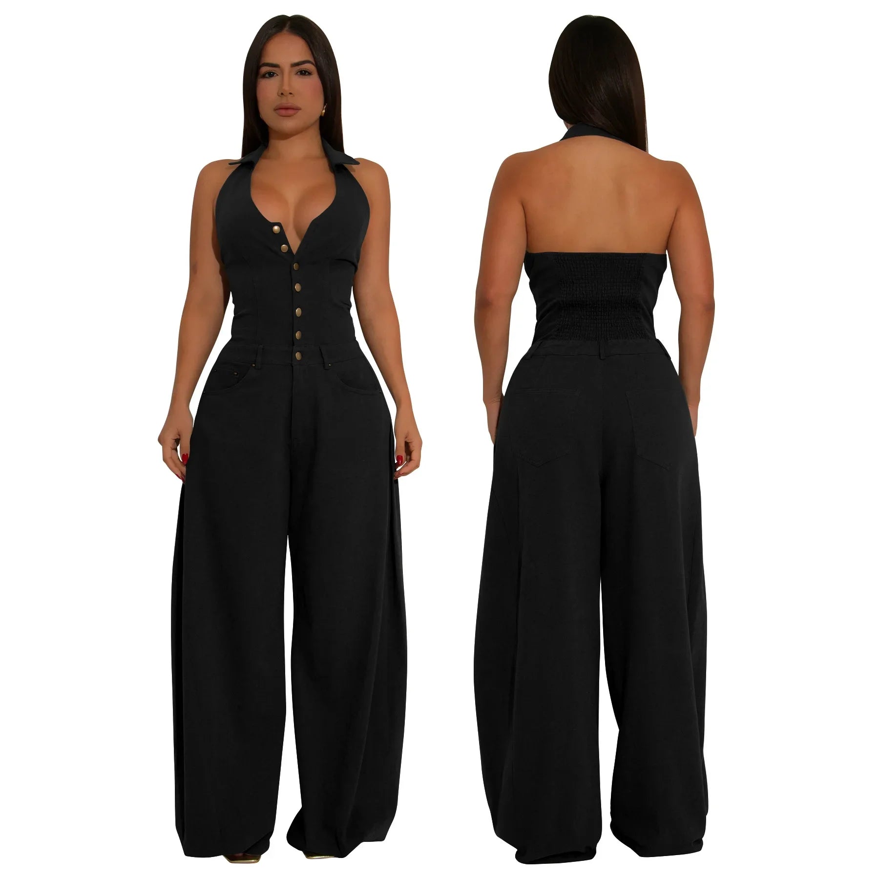 Fashionable Backless Casual Romper with Pockets for Women Summer Breathable Lightweight Solid Color One-Piece Suit.