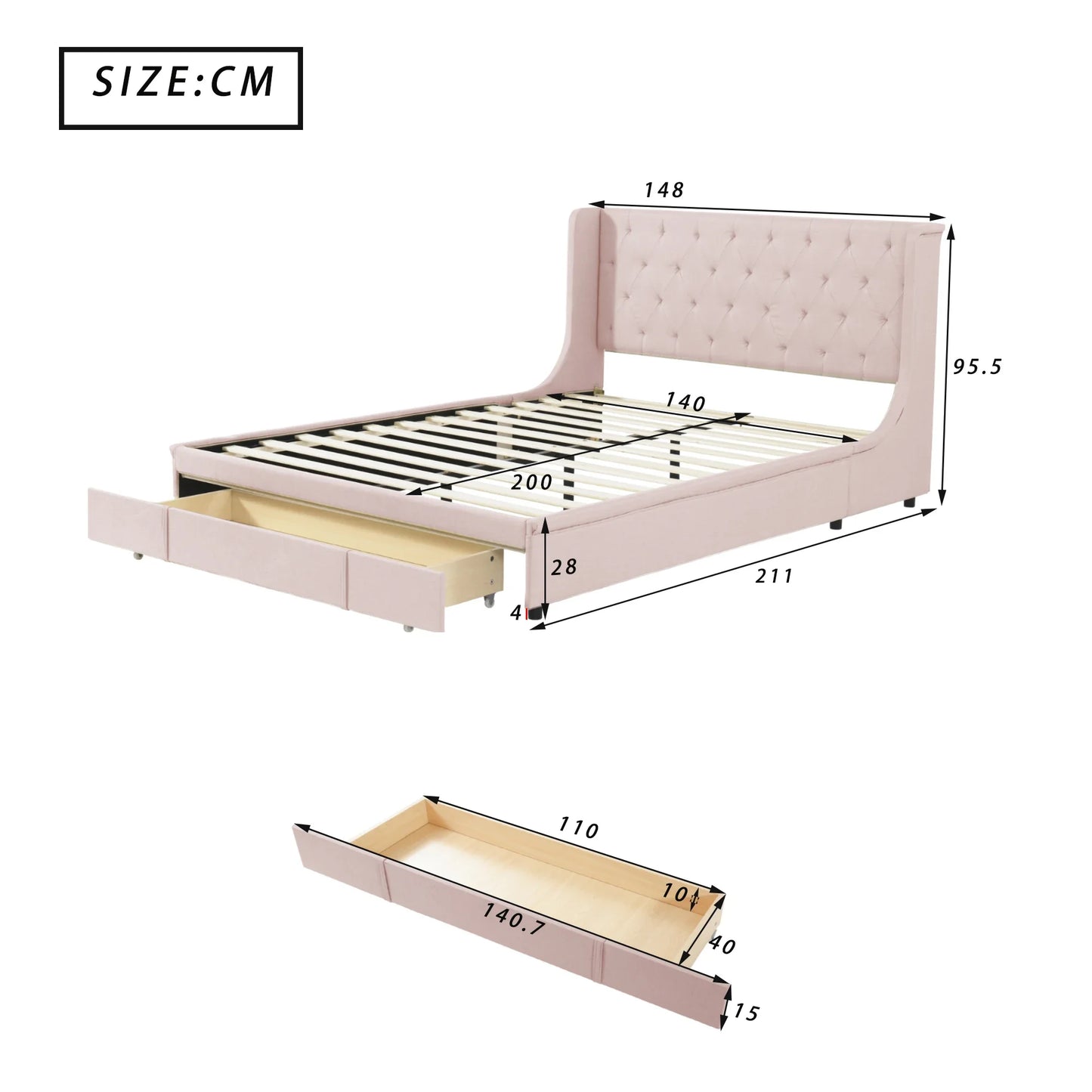 VSOGA gepolstertes Doppelbett 140 x 200 cm mit Lattenrost, Rückenlehne, großem Schubladen, für Erwachsene und Jugendliche