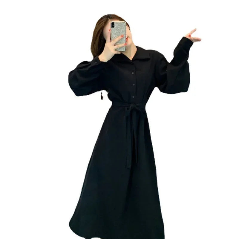 Hebenopis Damen Langes Kleid 2025, Frühling und Herbst, neues, tailliertes, schlankmachendes, elegantes schwarzes Kleid, Kleidung, schmale Passform für Damen.