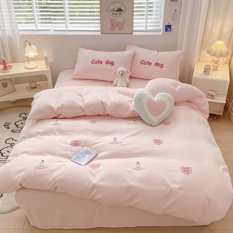 Ins Girly Heart Towel Embroidery Bedding Four-piece Set Soft Washed Cotton Bed Sheet Quilt Cover Three-piece Set.