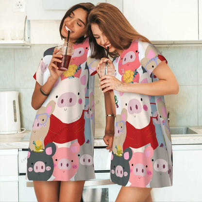 Sommer-Damen-Pyjama, Vintage-Stil, süßes Babyschwein, blau, grau, Pastell, Cartoon-Comic-Kunst, kurzärmeliges Nachthemd, dünner langer Rock, Homewear.