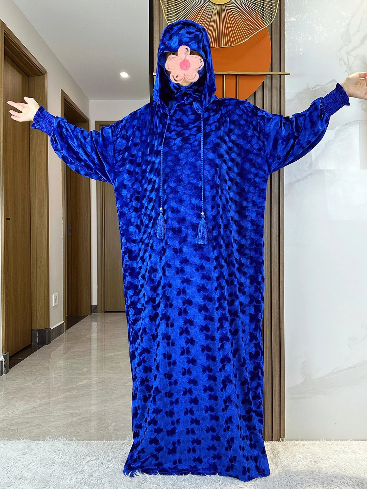 High Quality Velvet Fabric 2025 Ramadan Muslim Lady's Abaya Two-Hats Dubai Turkey Style Islamic Prayer Clothing Kaftan Dress.