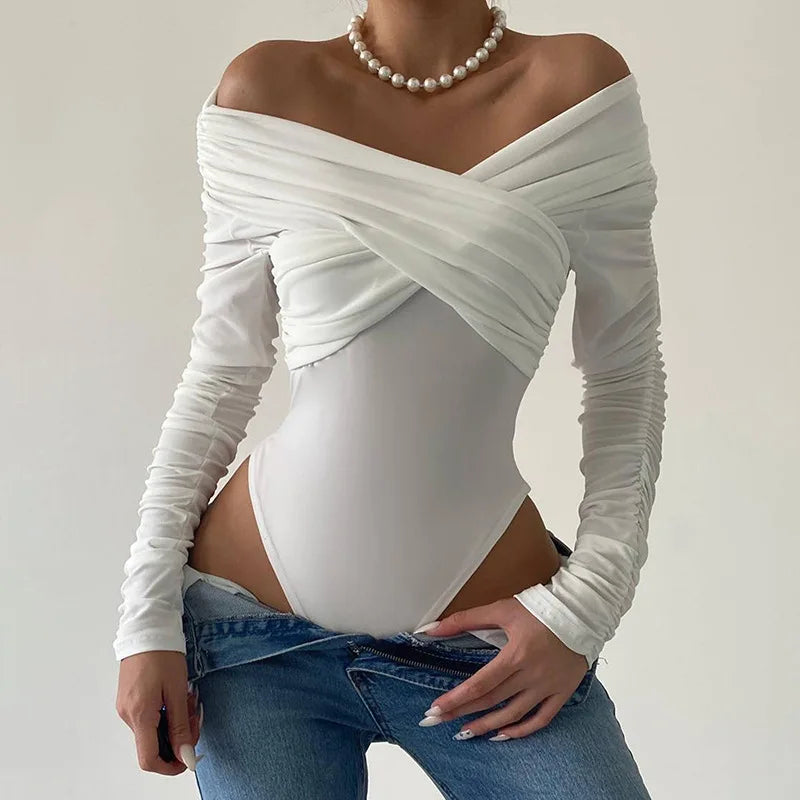 Cryptographic Fashion Ruched Sexy Backless Wrap Bodysuit Elegant Off Shoulder Slim Long Sleeve White Tops One Piece Skinny Fall