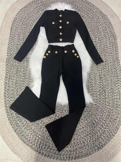 New Autumn Style Black Color Women Long Sleeve Button Rayon Bandage Coat Pants Fashion Women's Set High Street Celebrate Wear.
