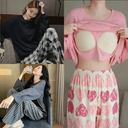 2PCS/Set Women Big Size with Chest Pads Pajamas Spring Autumn and Winter Long-Sleeved Headset Loose Homewear Can Be Worn Outside.