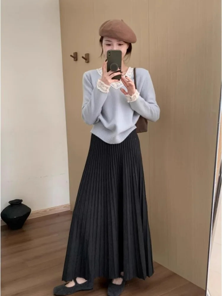 2026 Khaki Cashmere Knitted Midi Skirt for Women, Loose Fit, Draped, Slimming A-Line Pleated Skirt for Autumn and Winter.