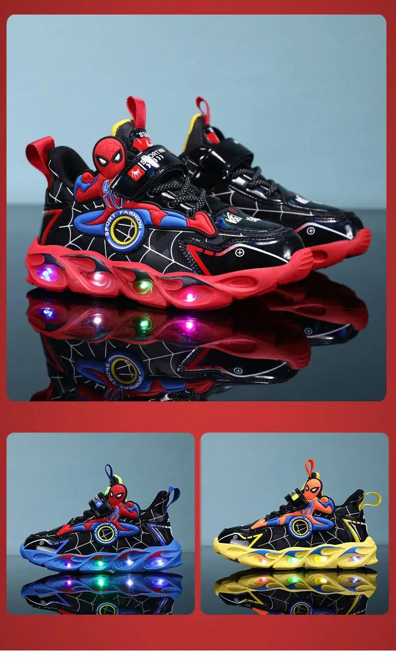 Disney Boys Shoes LED Lights Cartoon Autumn Children's Sports Shoes Leather Non-slip Children's Running Shoes Sneaker Size 25-35.