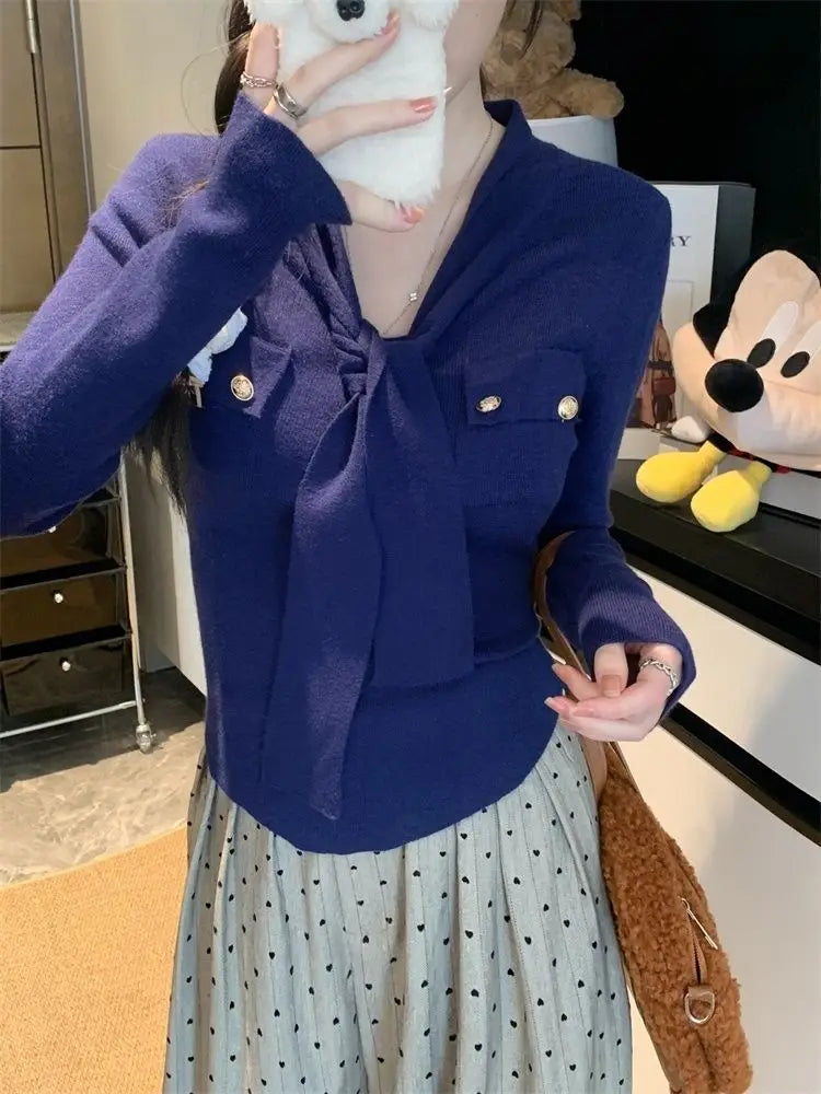 Frauen Frühling Herbst Einfachheit Büro Dame V-ausschnitt Einfarbig Langarm Strickwaren Damen Mode Alle-spiel Temperament Tops.