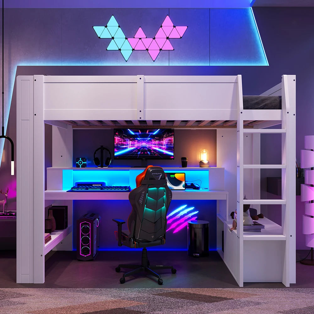 KOMHTOM Gaming Hochbett, Weiß, mit Schreibtisch, LED-Leuchten, Schublade und Regalen - Ohne Matratze