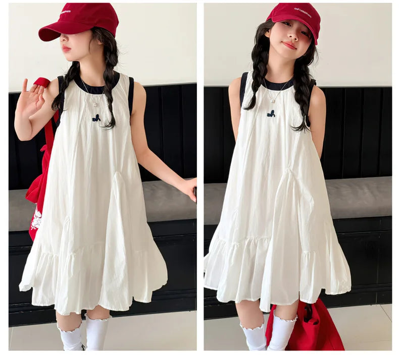 Neues Sommer-Mädchen-Prinzessinnenkleid für Kinder, ärmelloses Kleid mit Rüschen, Design-Kleider für Teenager, Kinder, lässiges Urlaubs-Strandkleid.