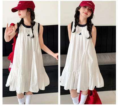 Neues Sommer-Mädchen-Prinzessinnenkleid für Kinder, ärmelloses Kleid mit Rüschen, Design-Kleider für Teenager, Kinder, lässiges Urlaubs-Strandkleid.