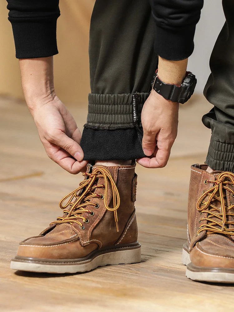 2024 New Winter Cargo Pants Men Multi-Pockets Drawstring Fleece Liner Thick Warm Overalls Joggers Casual Cotton Thermal Trousers.