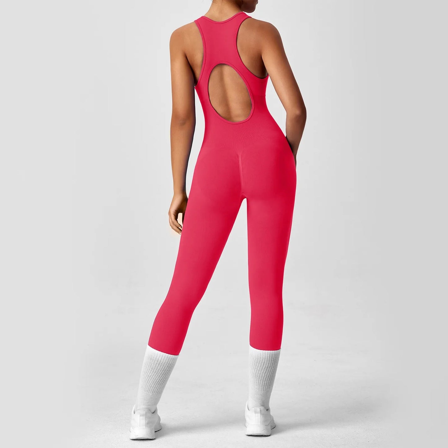 Ladies' Fashion Solid Color Round Neck Tight Yoga Jumpsuit Breathable Sleeveless Front Zipper Soft and Comfy Fitness Clothes.