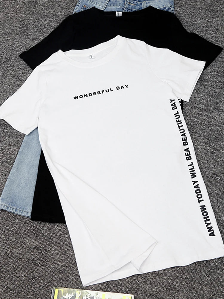WONDERFUL DAY Print Long T shirts Summer Women Loose Slit Femme Tops  Tshirt Short sleeve Ladies t-shirt.