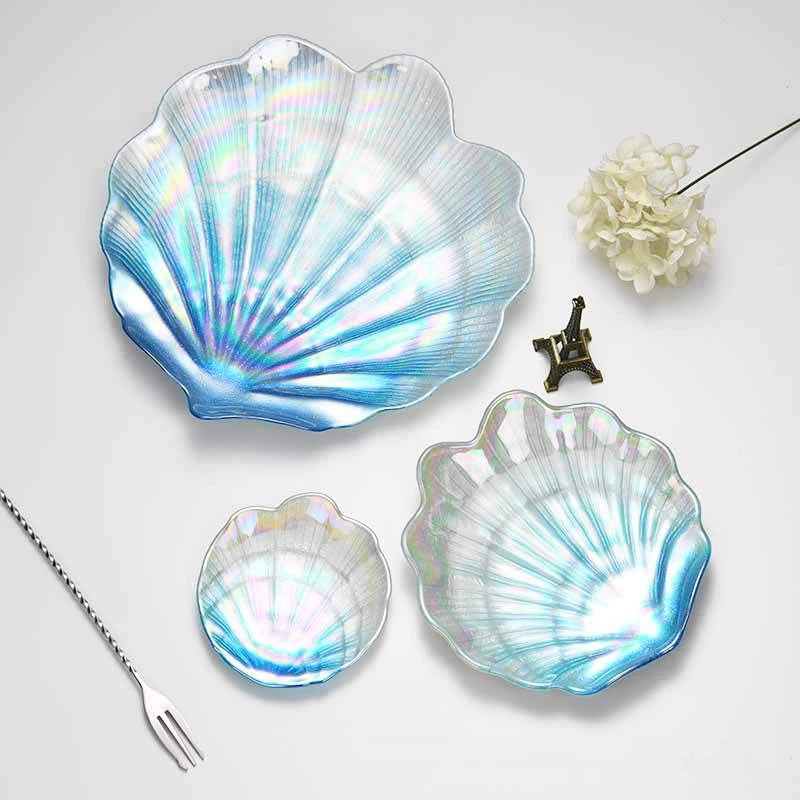 Creative Colorful Glass Shell Dishes Home Marine Fruit European Tray Snacks Ornaments Irregular Plates Home Decorative Plates.