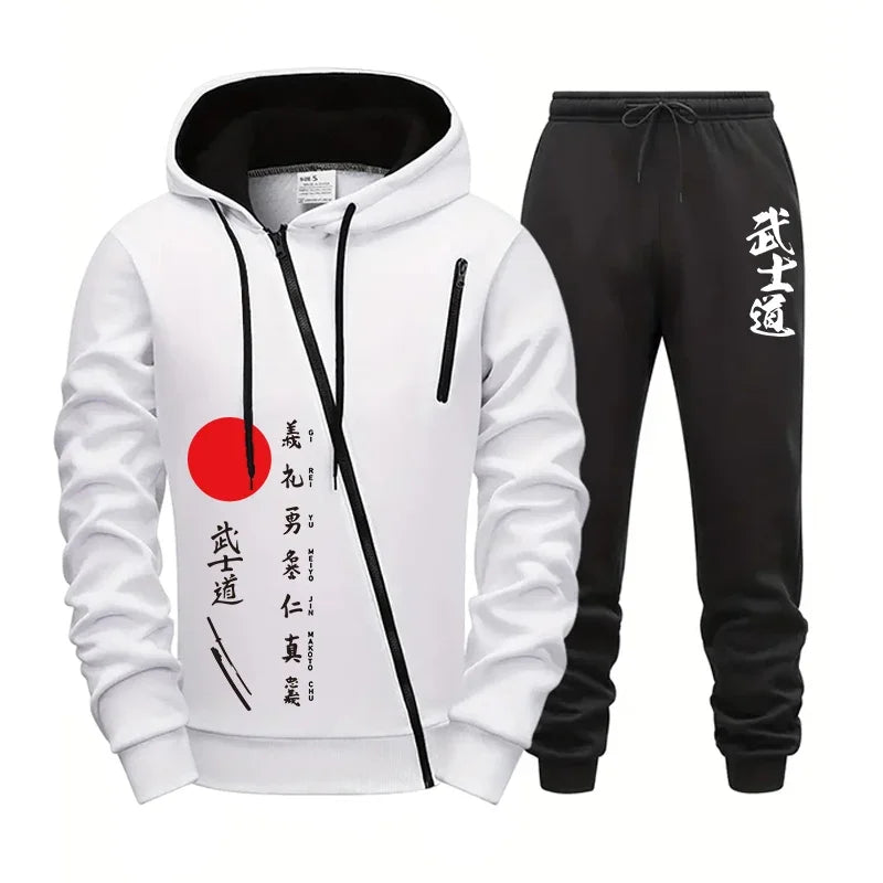 2025 New Arrival Men's Bushido Print Hoodie Sweatpants High Quality Male Outdoor Casual Sport Jogging Suit Motorcycle Zip Outfit.